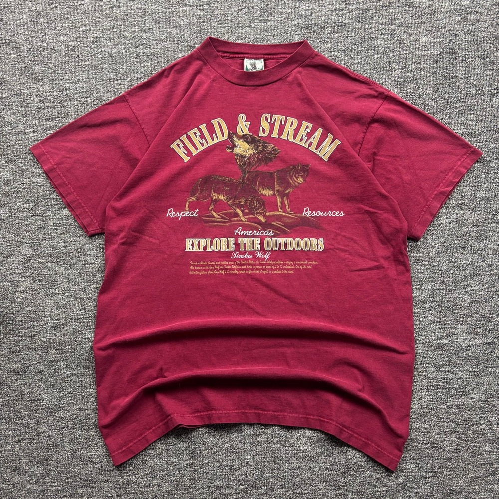 Vintage 90s Field & Stream Wolf Graphic T-Shirt Maroon Red Mens Size Large